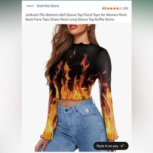 Jndtueit Fire Bell Sleeve Mesh Long Sleeve Top XL